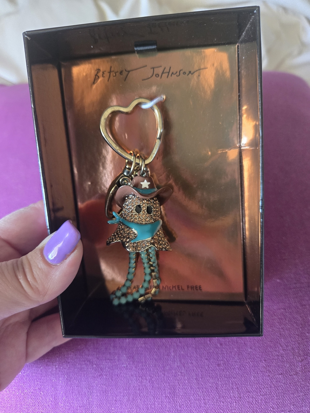 Betsey Johnson Gold & Turquoise Ghost Cowboy Keychain New In Box